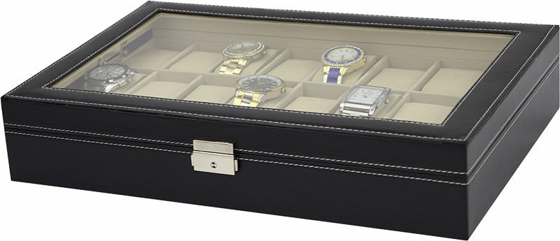 Watch Box - 24 Slot Luxury Display Case With Framed Glass Lid