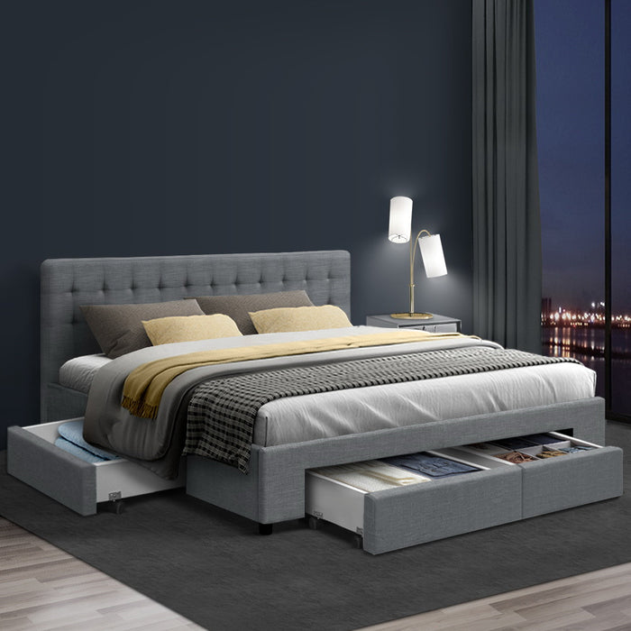 Artiss Avio Bed Frame Fabric Storage Drawers - Grey King