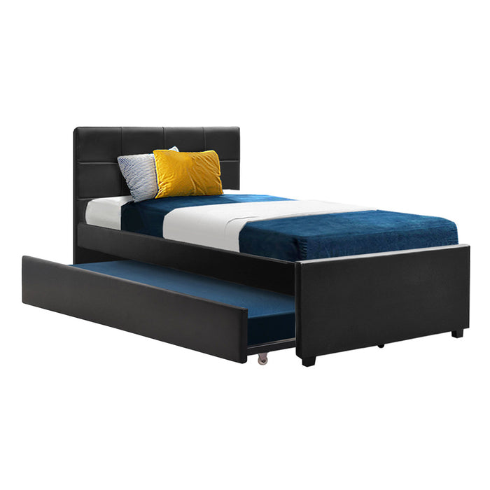 Trundle Wooden Bed Frame with Storage Drawer - Black King Single