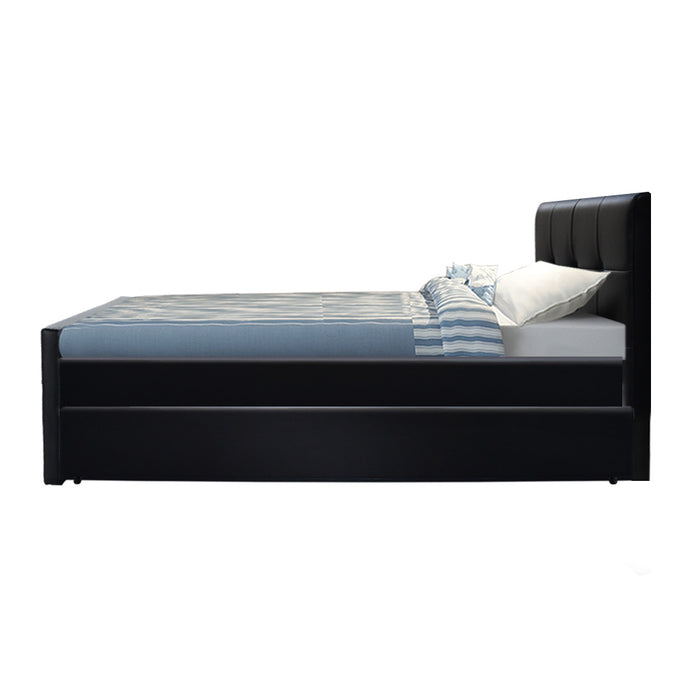 Trundle Wooden Bed Frame with Storage Drawer - Black King Single