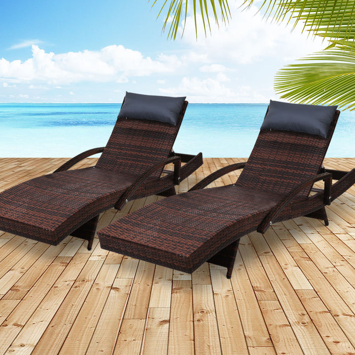 Gardeon Set of 2 Sun Lounge Outdoor Furniture Wicker Lounger Rattan Day Bed Garden Patio Brown