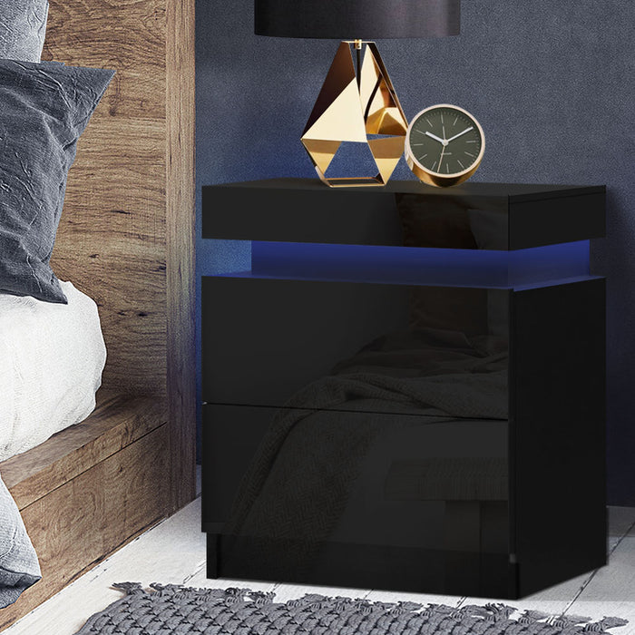 Artiss Bedside Tables Side Table Drawers RGB LED High Gloss Nightstand Black