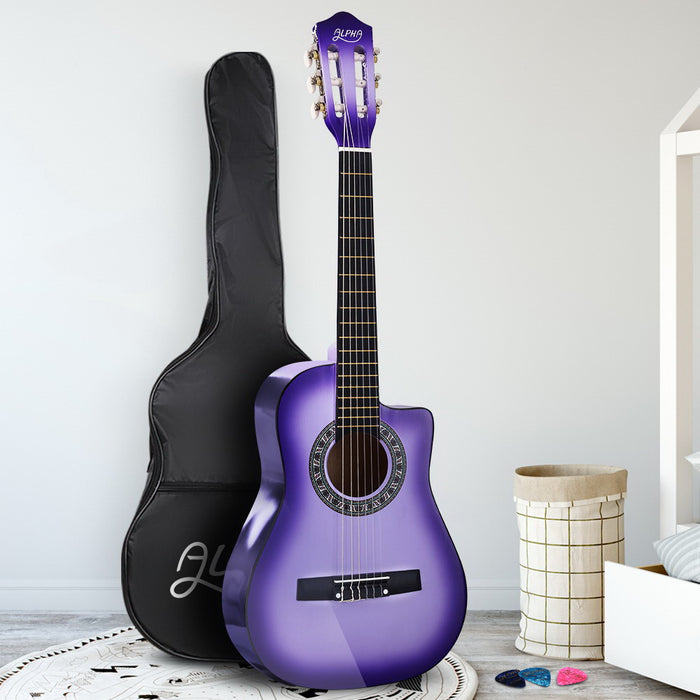 Alpha 34" Inch Guitar Classical Acoustic Cutaway Wooden Ideal Kids Gift Children 1/2 Size Purple