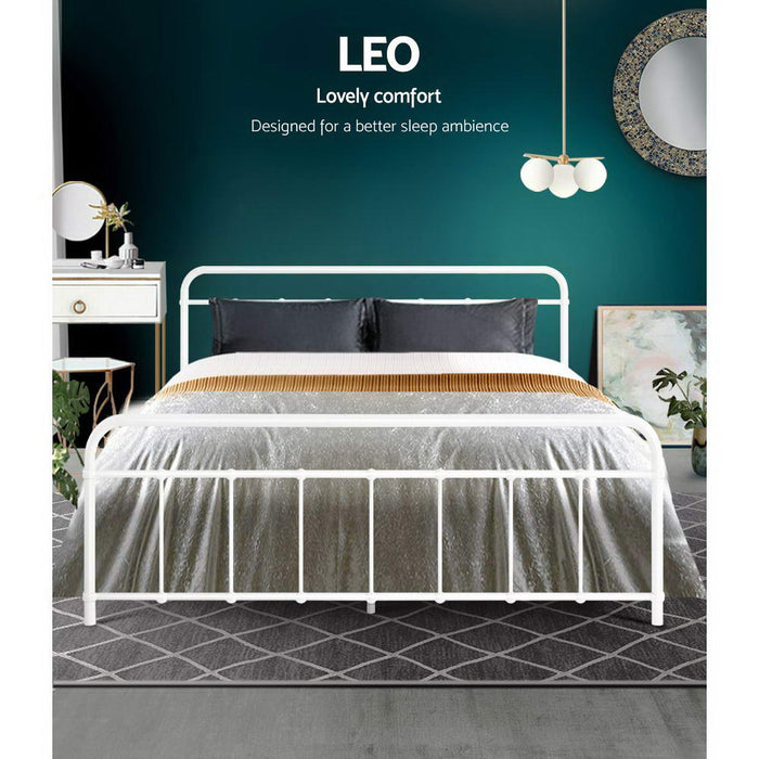 Metal Bed Frame Queen Size Platform Foundation Mattress Base Leo White