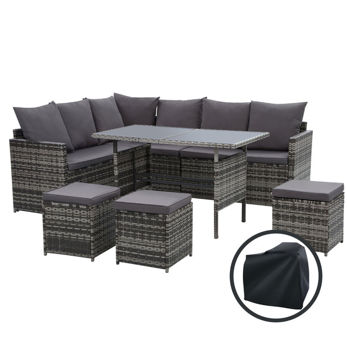 Gardeon Outdoor Furniture Dining Setting Sofa Set Wicker 9 Seater Storage Cover Mixed Grey