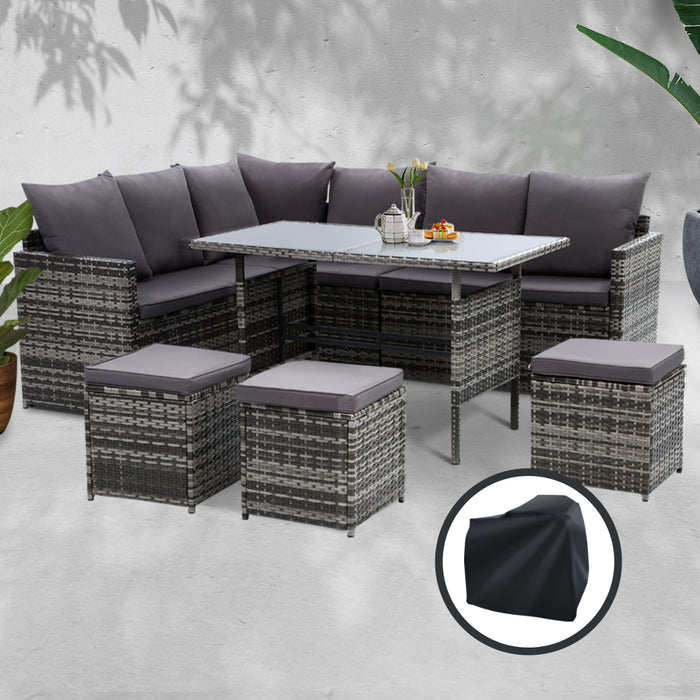 Gardeon Outdoor Furniture Dining Setting Sofa Set Wicker 9 Seater Storage Cover Mixed Grey