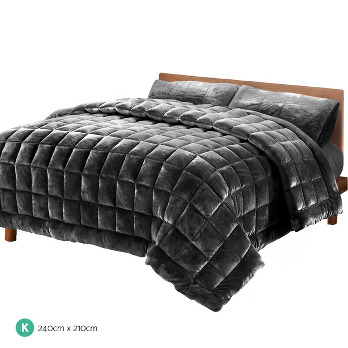 Giselle Bedding Faux Mink Quilt Fleece Throw Blanket Comforter Charcoal King