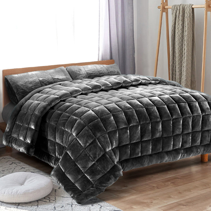 Giselle Bedding Faux Mink Quilt Comforter Fleece Throw Blanket Doona Charcoal Super King