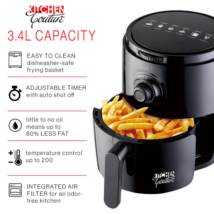 Kitchen Couture Air Fryer Healthy Food No Oil Cooking Recipe 3.4L Capacity Black 3.4 Litre Black