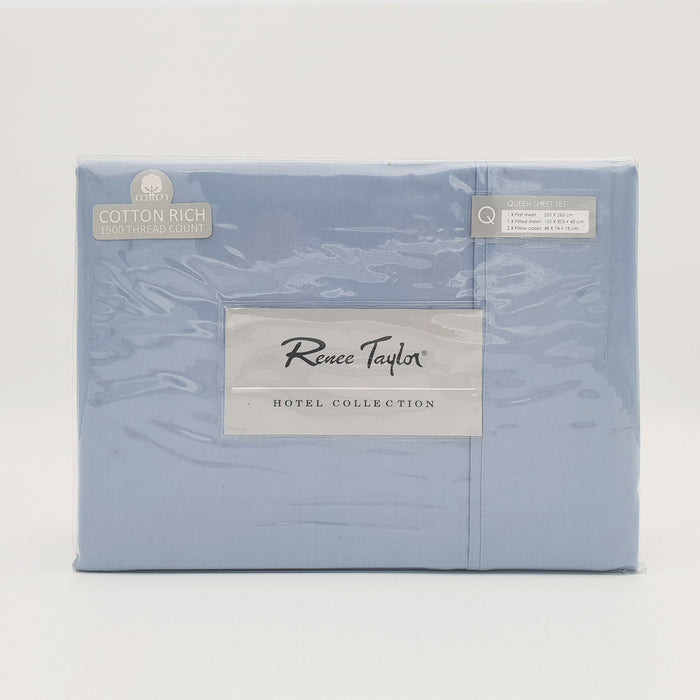 Renee Taylor 1500 Thread Count Pure Soft Cotton Blend Flat & Fitted Sheet Set King Indigo