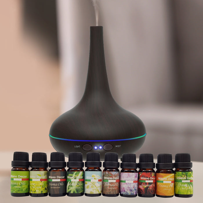 Milano Aroma Diffuser Set With 10 Pack Diffuser Oils Humidifier Aromatherapy  Dark Wood