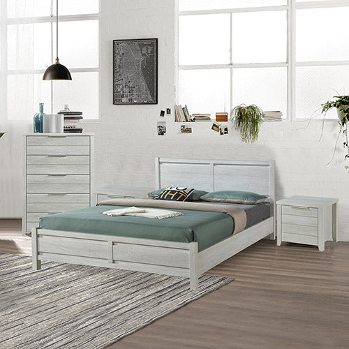 4 Pieces Bedroom Suite Natural Wood Like MDF Structure Queen Size White Ash Colour Bed, Bedside Table & Tallboy