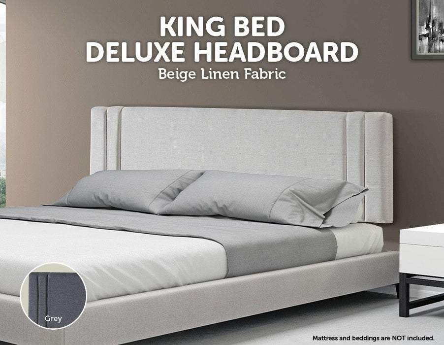 Linen Fabric King Bed Deluxe Headboard Bedhead - Beige