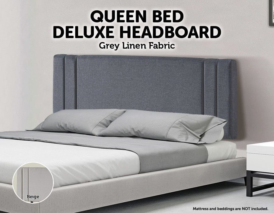 Linen Fabric Queen Bed Deluxe Headboard Bedhead - Grey